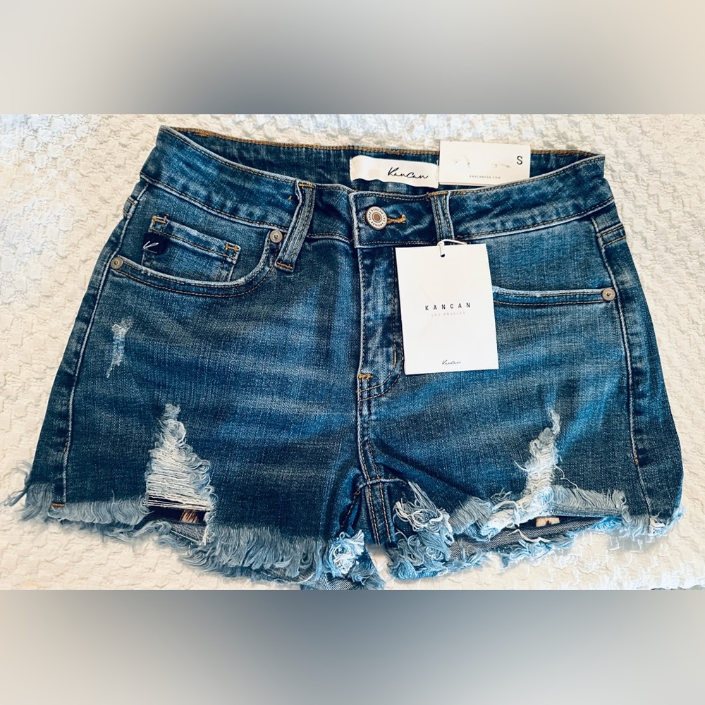 KanCan Blue Distressed Jean Shorts - Leopard print pockets